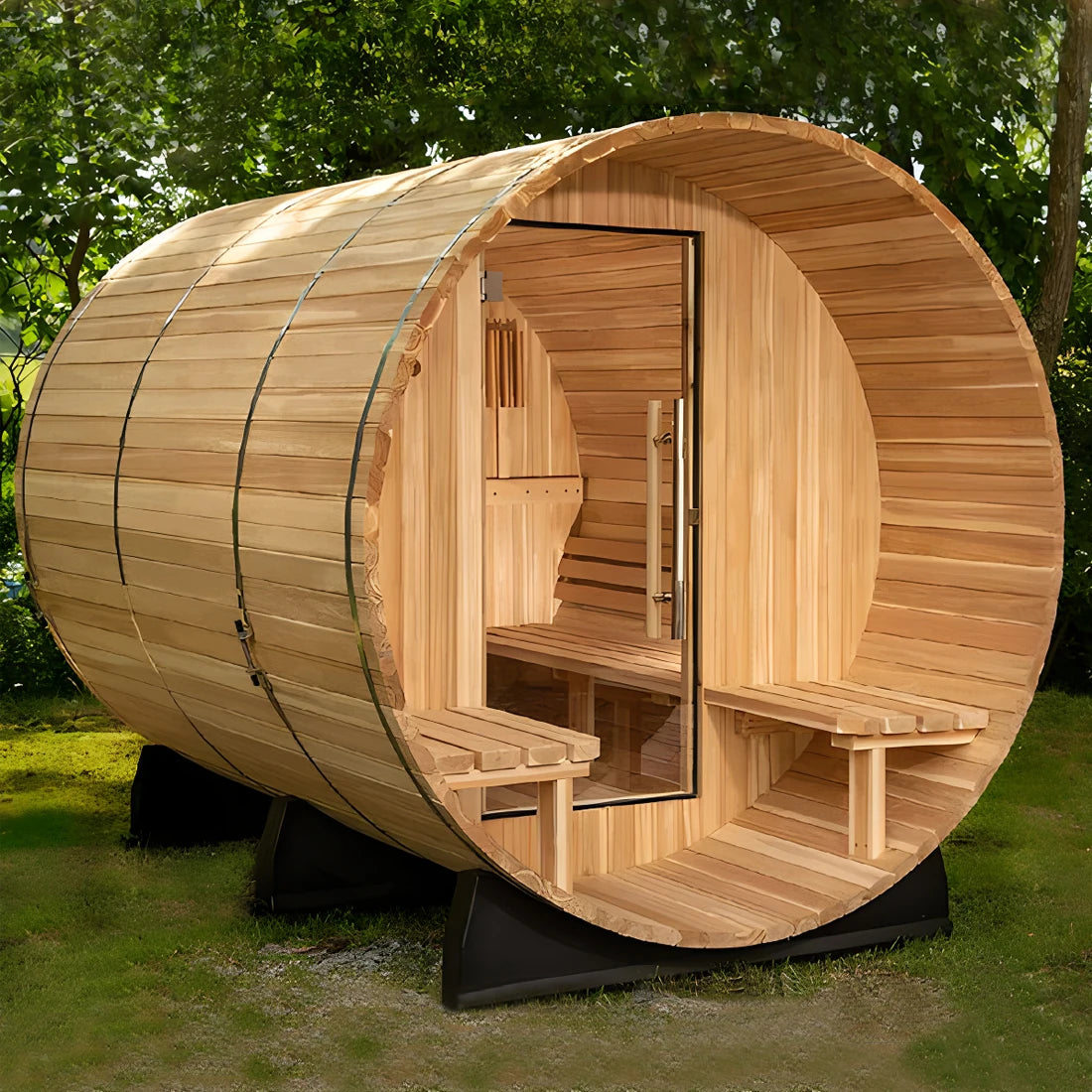 Modern Design Movable Outdoor Sauna Room with Porch Solid Wood Cylinder Door Matched with Far Infrared Sauna Stove