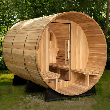 Modern Design Movable Outdoor Sauna Room with Porch Solid Wood Cylinder Door Matched with Far Infrared Sauna Stove