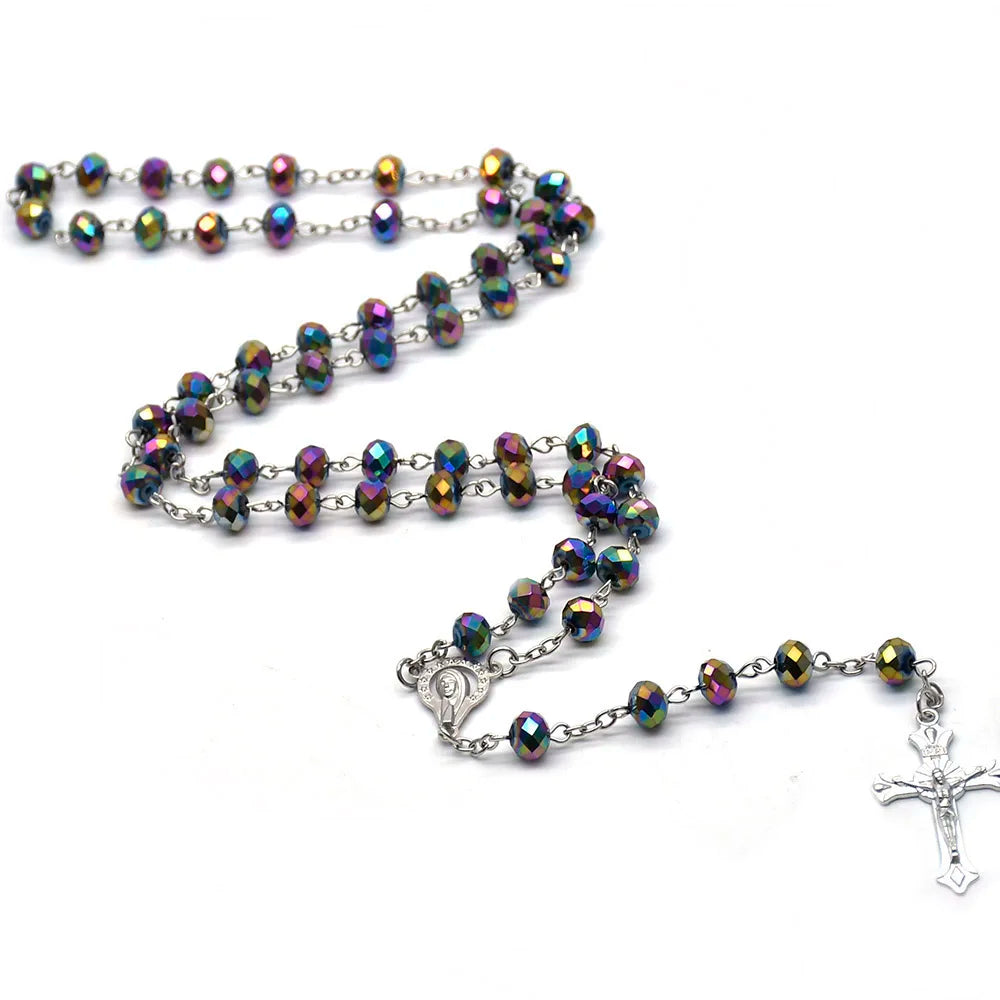 Rosary Cross Necklace Catholic Crystal Religious Beads Chain Children's Rosary Large Catholic Blue Young Bomb Party Jewelry