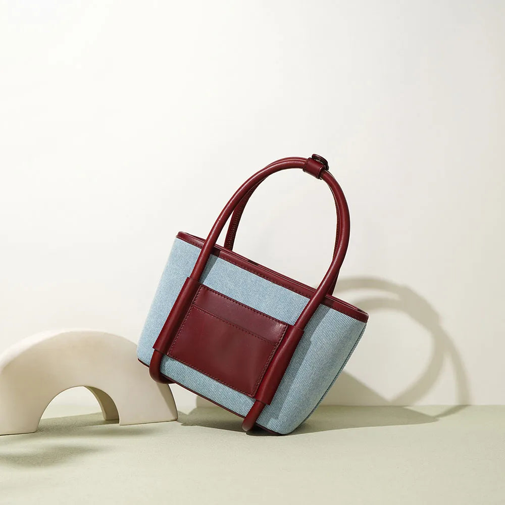 Genuine Leather and Denim Tone Bucket Bag Blue Wine Red Contrast Color Handbag Top Zipper Closure Multi Pocket Purse for Daily