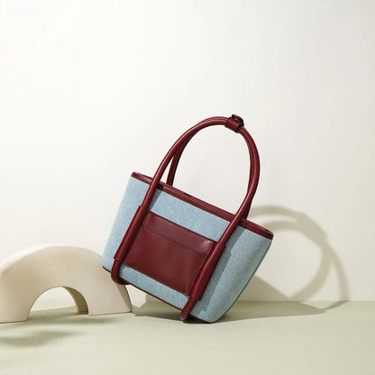 Genuine Leather and Denim Tone Bucket Bag Blue Wine Red Contrast Color Handbag Top Zipper Closure Multi Pocket Purse for Daily
