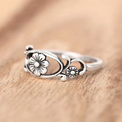 T0278 Flower Pattern Alloy Ring Antique Silver Plated Unisex Fashion Gift for Women & Men