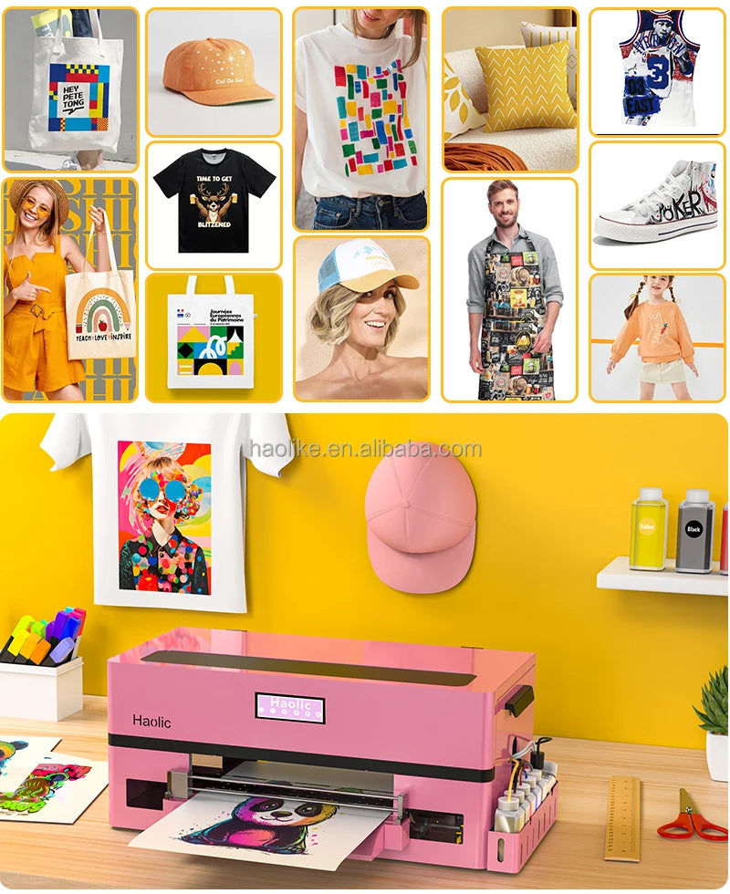 Desktop Haolic Mini A3 UV&DTF Printer Pink Beginner Kit Transfer Machine for Home Business Haolic UX7 Printer Bundle