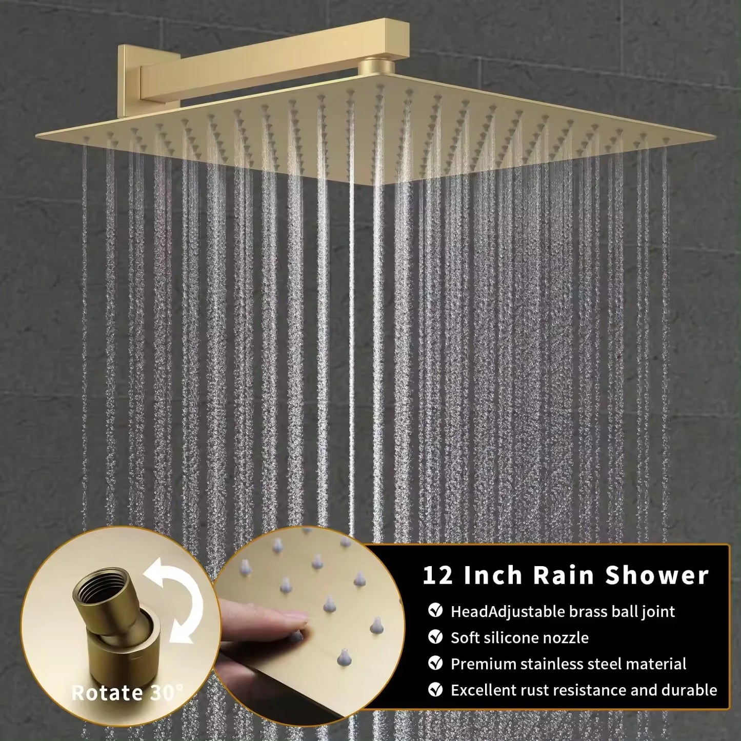 12 Inches Temperature Display Brushed Gold Shower System Rainfall Shower  Faucet Set Mixers