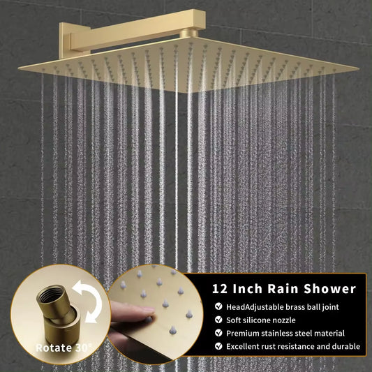 12 Inches Temperature Display Brushed Gold Shower System Rainfall Shower Faucet Set Mixers by PDG ibma