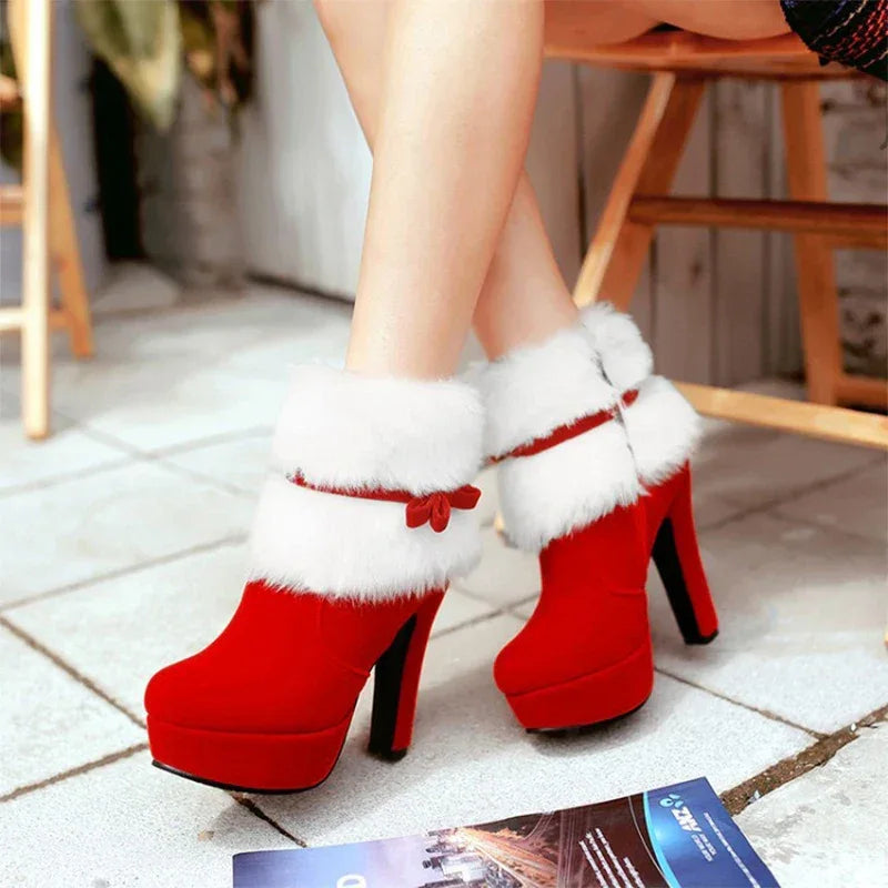 Winter Women Boots Christmas Ankle Boots High Heels Ladies Shoes Femme Warm Short Boots Red Black Shoes  Size 35-43