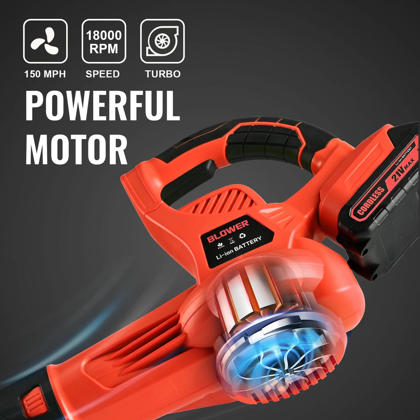 21V Orange Cordless Leaf Blower Lightweight & Powerful with Dual Li-ion Battery(Including Charger) High-Speed Handheld Blower
