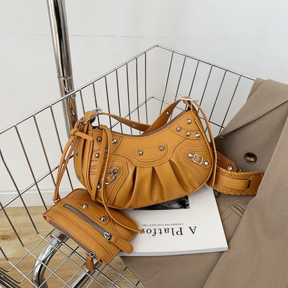 MOQ 1PC Wholesale Ladies Rivet Classic Motorcycle 2-in-1 Crescent Pleated One Shoulder Messenger Underarm Dumpling Bag