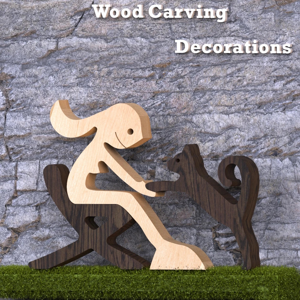 Family Puppy Wood Dog Craft Figurine Desktop Table Ornament Carving Model Home Office Decoration Pet Sculpture Christmas Gift