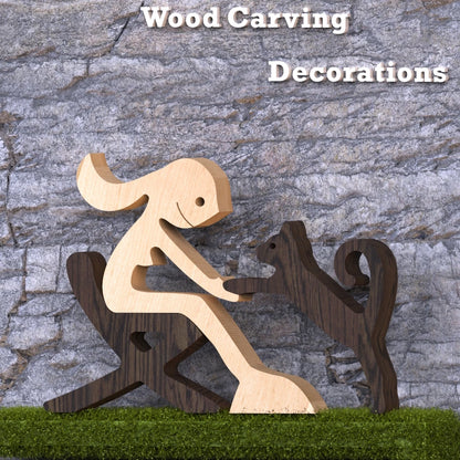 Family Puppy Wood Dog Craft Figurine Desktop Table Ornament Carving Model Home Office Decoration Pet Sculpture Christmas Gift