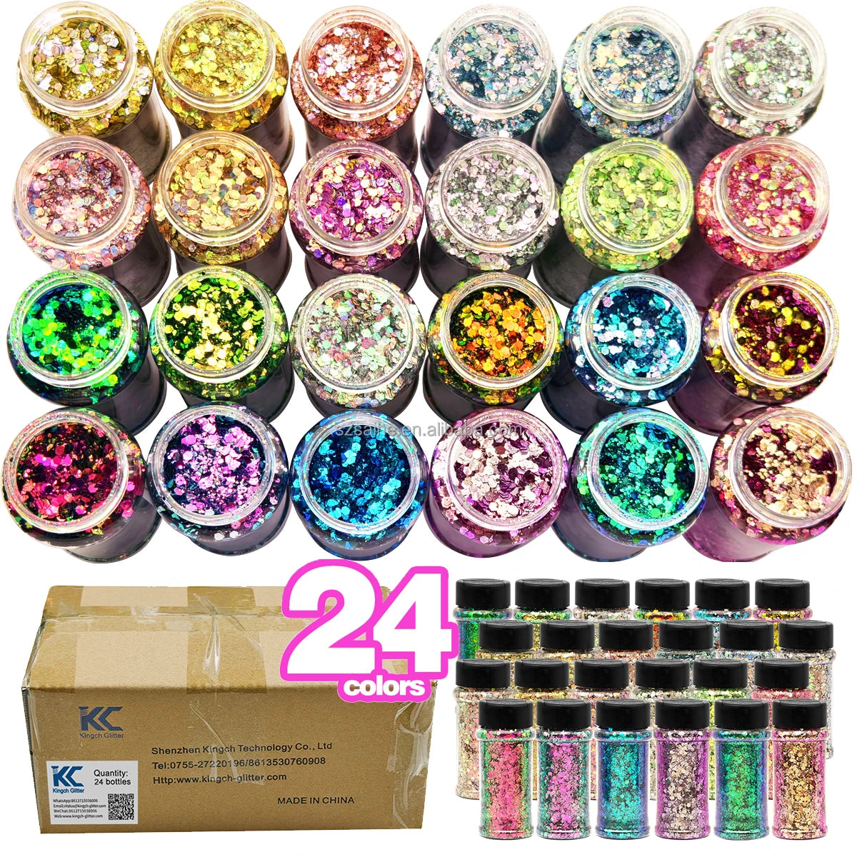 US Warehouses High Flash Spring Chunky Glitter 24 Color Bottle Set for Diy Makeup Manicure Handcrafted Cups Gift-making and More
