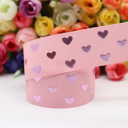 5 Yards 1" 25MM Valentine's Day Pink Gold Heart-Shaped Printed Ribbon For Hair Bows DIY Crafts Handmade Accessories M20012103