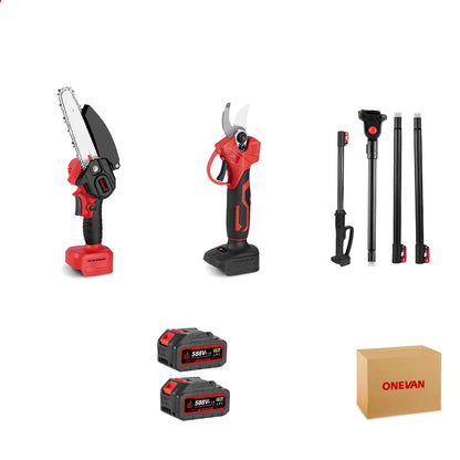 ONEVAN Brushless Garden Tool Set Electric Pruning Shear Battery Cordless Chainsaw with Tree Branches Pole Saw Telescopic