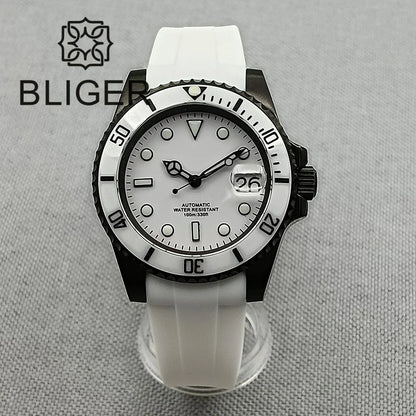 BLIGER 40mm NH35A Automatic Watch for Men White Ceramic Bezel Black  Case Green Luminous Date Magnified Rubber Strap