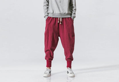 Cotton Linen Harem Pants Men Solid Elastic Waist Streetwear Joggers New Baggy Drop-crotch Pants Casual Trousers Men