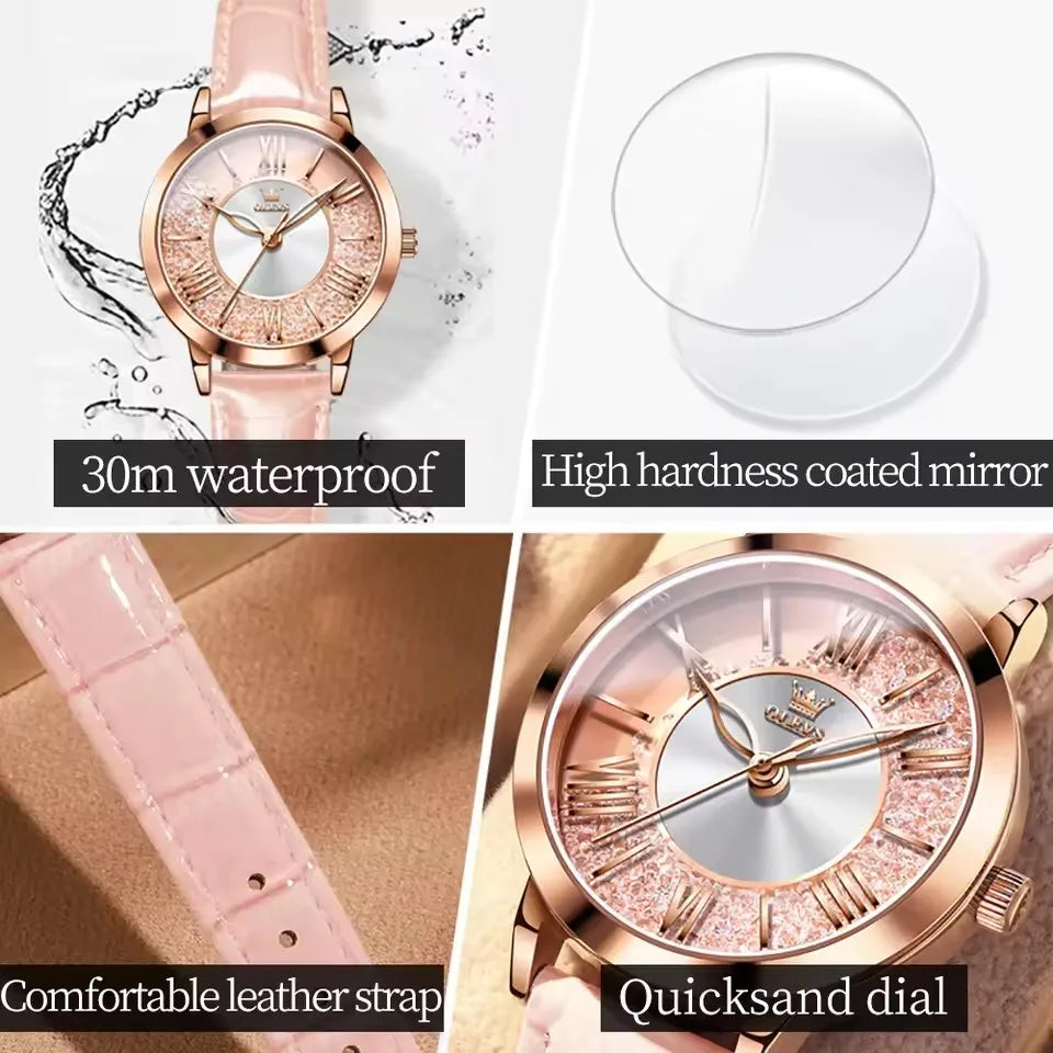 OLEVS 5539 Elegant Fashion Women's Watches Flowing Sand Ice Crystal Dial Quartz Watch Waterproof Leather Strap Lady Wristwatch