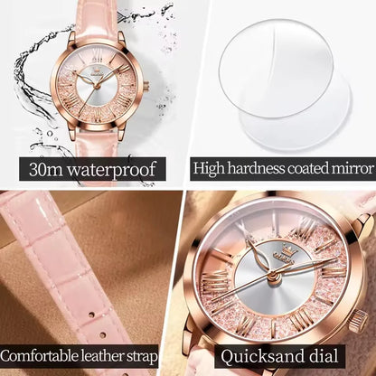 OLEVS 5539 Elegant Fashion Women's Watches Flowing Sand Ice Crystal Dial Quartz Watch Waterproof Leather Strap Lady Wristwatch