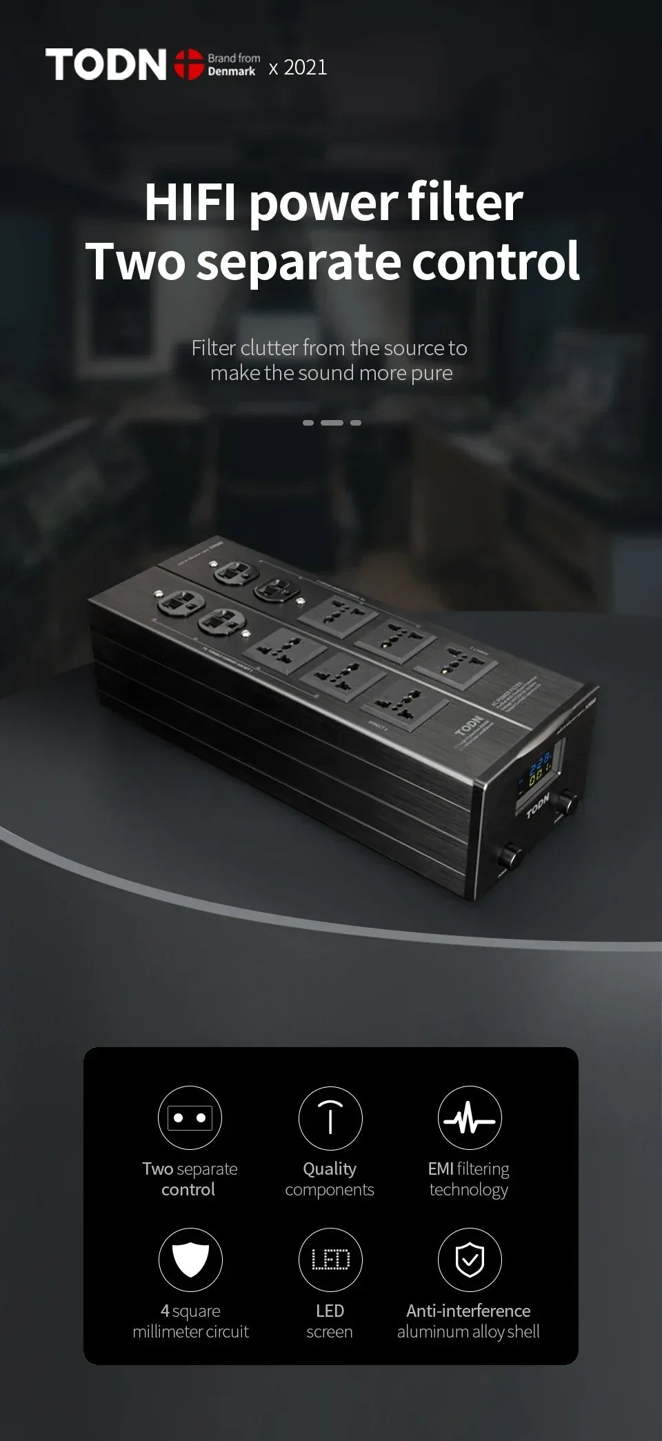 TODN Audio Noise AC Power Filter Power Conditioner Power Purifier Surge Protection with EU Outlets Power Strip