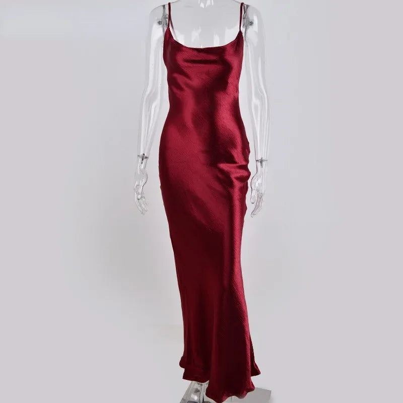 Sexy Spaghetti Strap Backless Summer Dress Women Satin Lace up Trumpet Long Dress Elegant Bodycon Party Dresses 2021