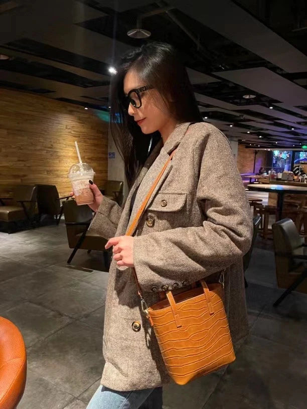 Luxury Ladies Casual Handbags Women'S Embossed Crocodile Genuine Cowhide Leather Tote Bucket Crossbody Shoulder Bag Purses