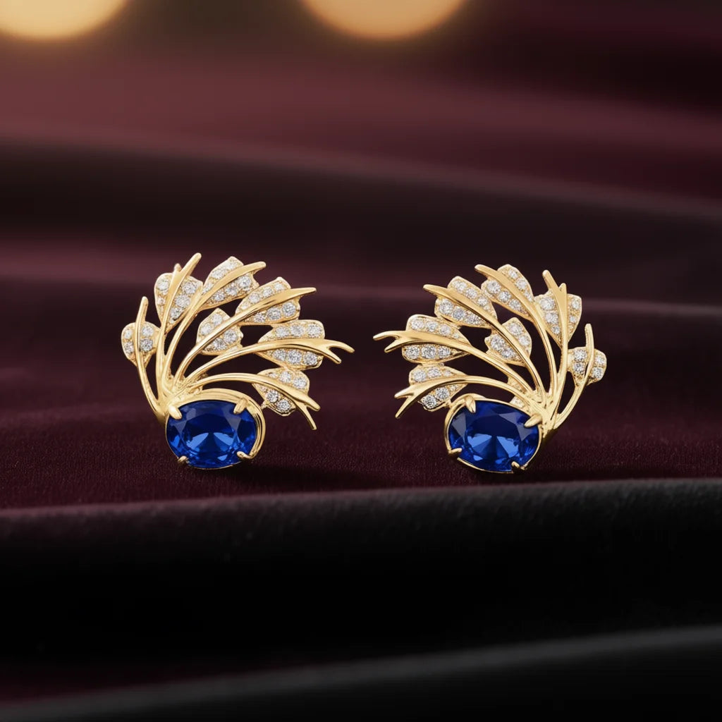 E4723 Golden Stud Earrings With Sapphire And Diamond Plant Design For Women Party Jewelry Classic Style
