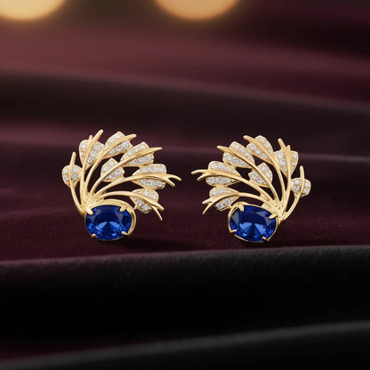 E4723 Golden Stud Earrings With Sapphire And Diamond Plant Design For Women Party Jewelry Classic Style
