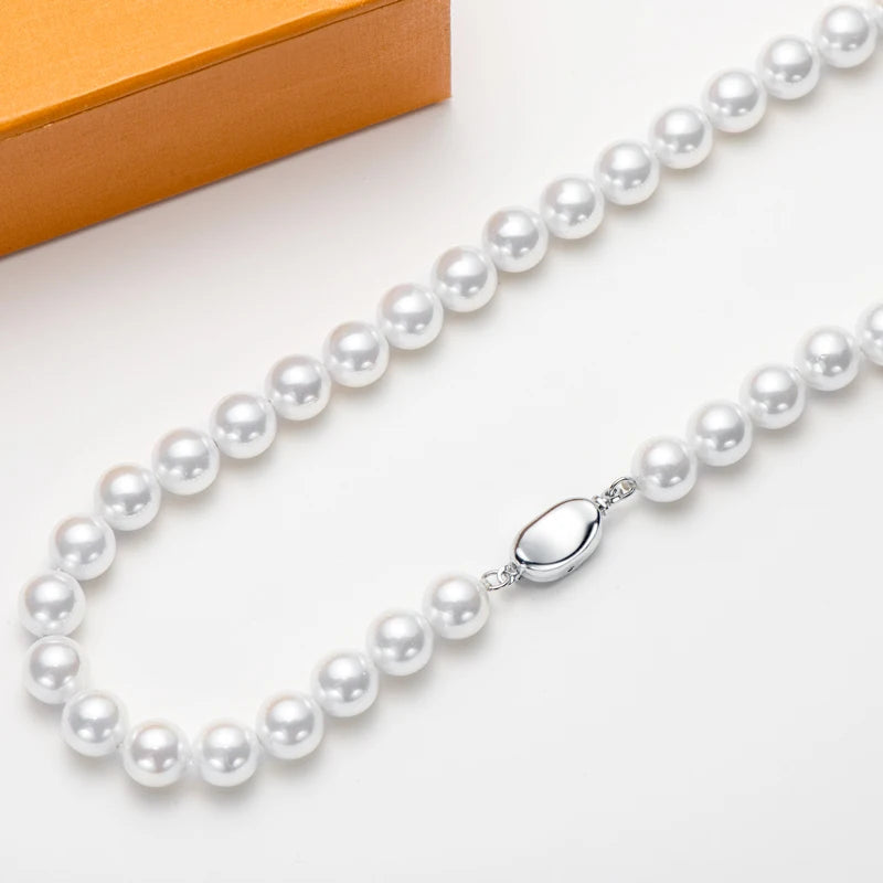 Fast Shipping From US Warehouse Bohemian Stylish 925 Silver 6mm/8mm Shell White Pearl Beads Necklace Jewelry for Women Gift