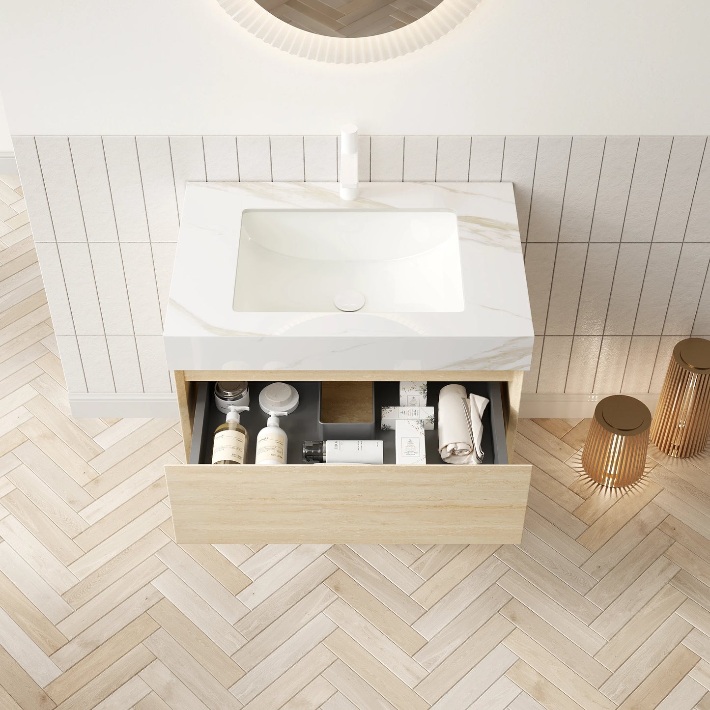 Homein 30 in Bathroom Vanity with Ceramic Sink, US Local Stock Fast Delivery Floating Sintered Stone Vanity LED Light