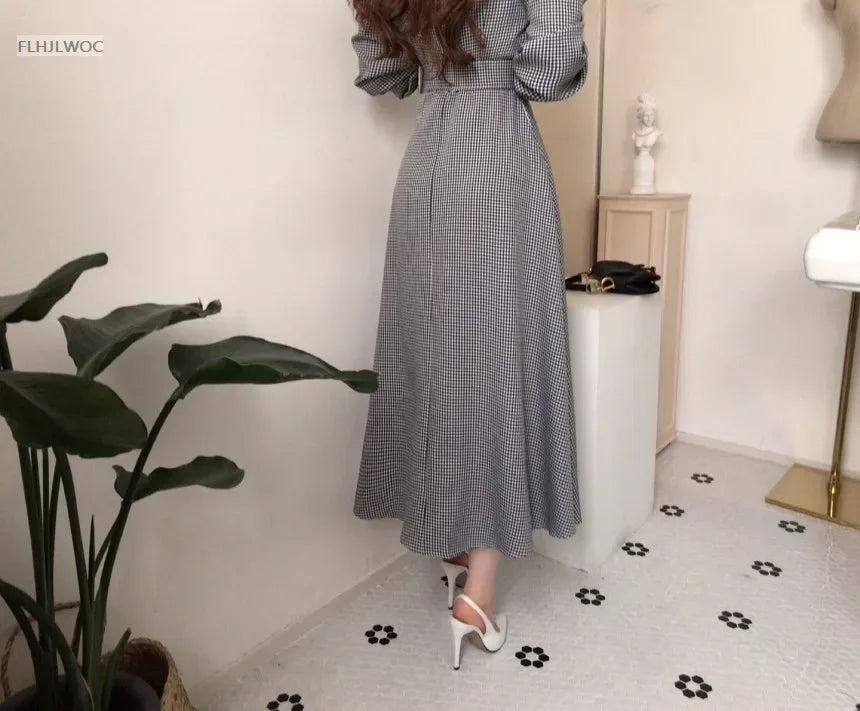 2021 Autumn Spring Basic Belt Plaid Shirt Dress Long Maxi Feminine Vestidos Chic Korea Design Clothes