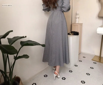 2021 Autumn Spring Basic Belt Plaid Shirt Dress Long Maxi Feminine Vestidos Chic Korea Design Clothes