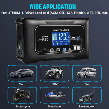 HTRC 20-Amp Smart Battery Charger for Lithium LiFePO4 Lead-Acid AGM/Gel/SLA Batteries Car/Motorcycle/Scooter Trickle Charger