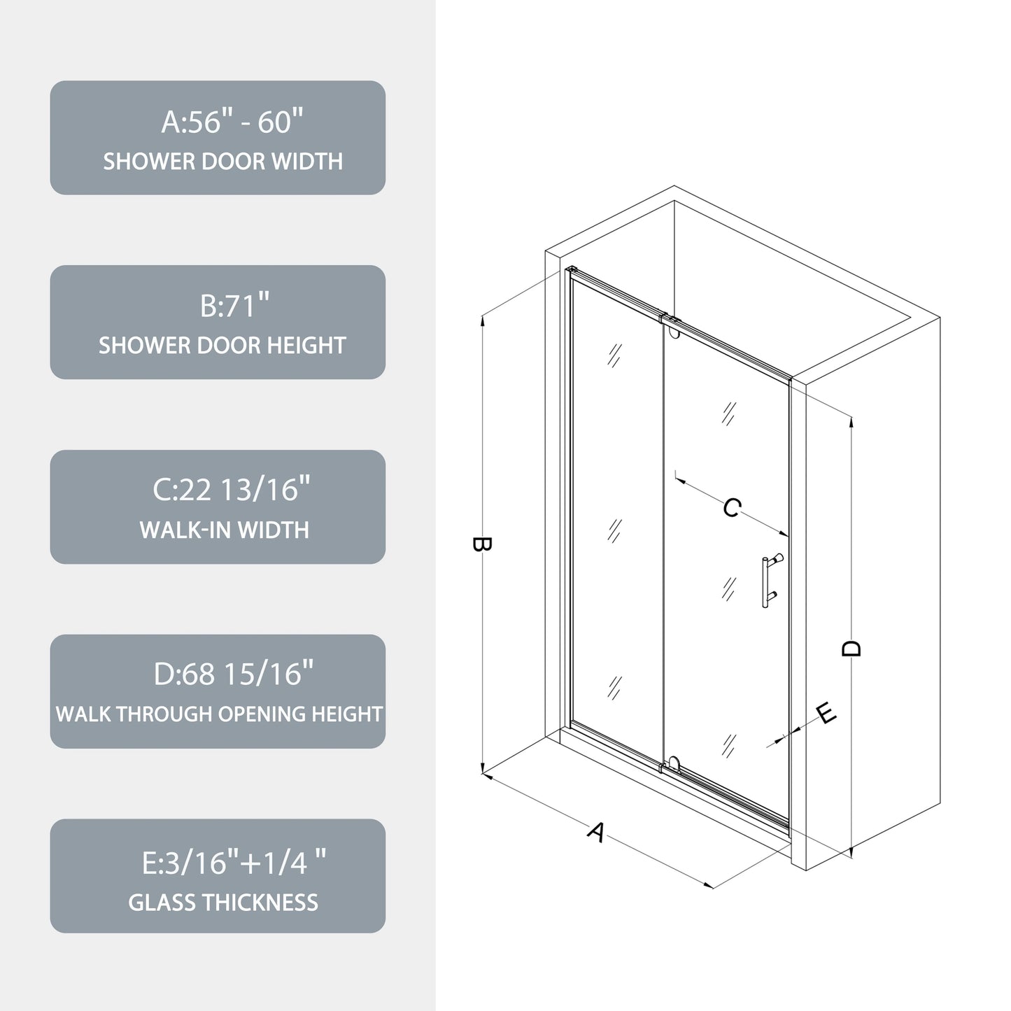 56-60" X 71" Chrome Pivot Shower Door, 1/4" SGCC Tempered Glass & Reversible Installation