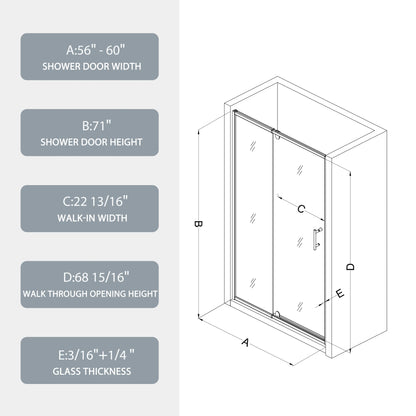 56-60" X 71" Chrome Pivot Shower Door, 1/4" SGCC Tempered Glass & Reversible Installation