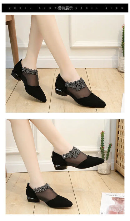 Women 2025 Summer Fashion Black Lace Rhinestone Sandals Flowers Low Heel Sandals Mesh Plus Size Sandalias Mujer Casual Shoes