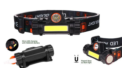 Magnet Base 7W Cob USB Rechargeable LED Headlamp Flashlight 300+200lm Outdoor IP68 Lithium Ion Battery