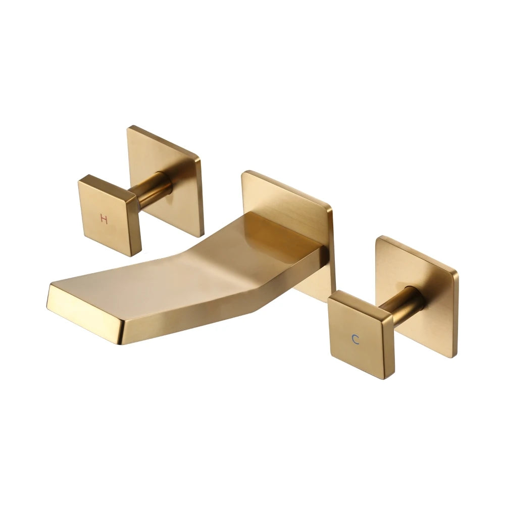 Brushed Gold Vessel Sink Faucet 2 Handles Basin Mixer Tap Rough in Valve Included, 3 Holes Bathroom Faucet Wall Mount