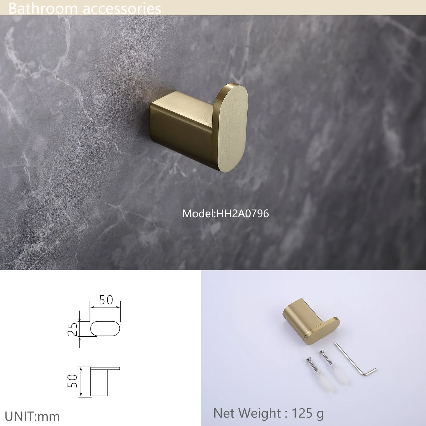 Modern Heavy Duty Wall Mount 304 Stainless Steel Brushed Gold Towel Hook Single Robe Hook Coat Hook for Bathroom Accessories