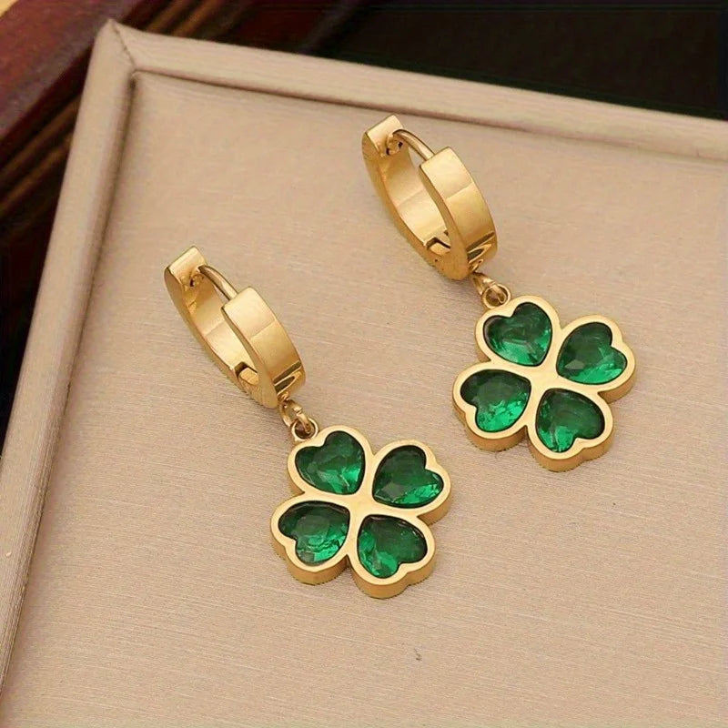 Green 1set Heart Cubic & Flower Shaped Stainless Steel Jewelry Set for Women, 3pcs Including Necklace, Bracelet and Earrings