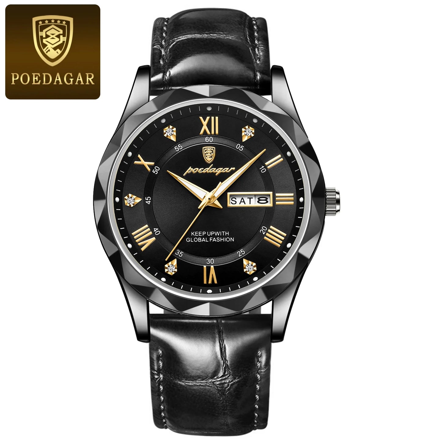 POEDAGAR Watches for Men Classic Luxury Week Display Sports Quartz Watch Mens Waterproof Leather Band Date Wristwatches Male