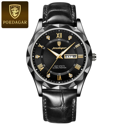 POEDAGAR Watches for Men Classic Luxury Week Display Sports Quartz Watch Mens Waterproof Leather Band Date Wristwatches Male