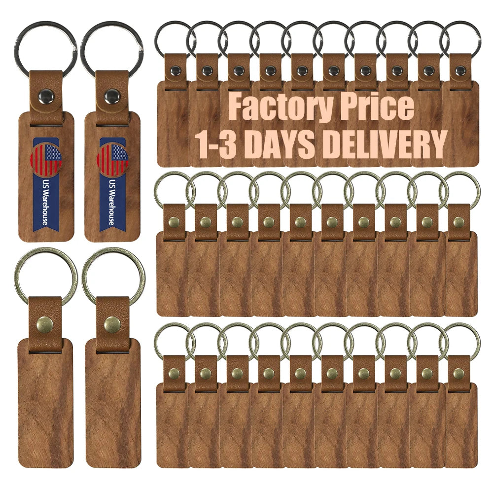 Stock 10pcs Wooden Blank Keychain for Engraving Painting Keychains With Leather Strap Keychain for Key Tag Luggage Tag Gift