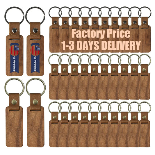Stock 10pcs Wooden Blank Keychain for Engraving Painting Keychains With Leather Strap Keychain for Key Tag Luggage Tag Gift