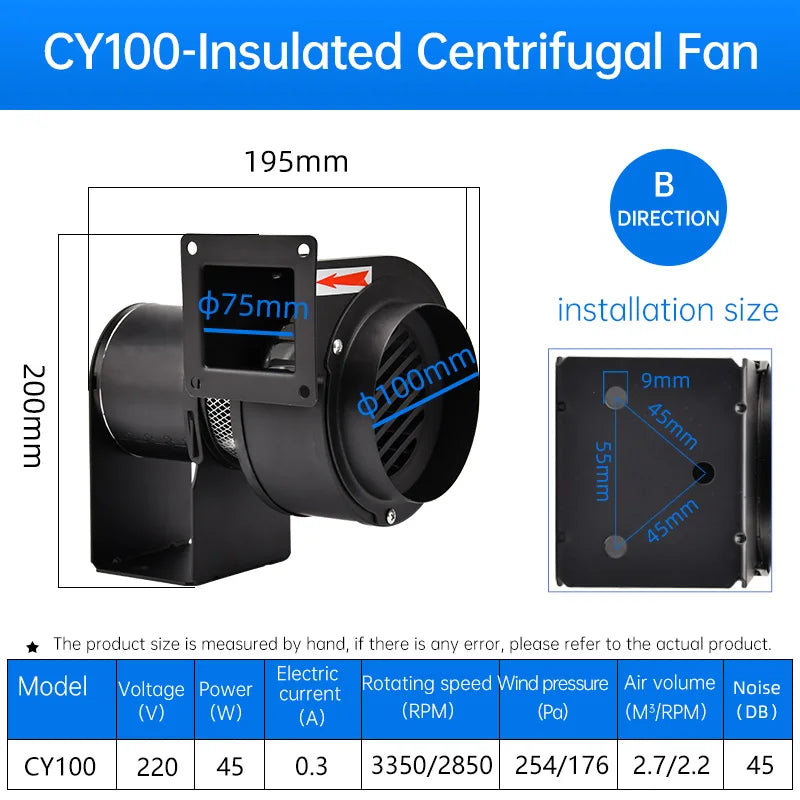 Hot Selling Factory Direct Multi-Wing  Centrifugal Fan CY100 A/B 75mm 220V Heat Insulation Blower Strong Industrial Exhaust