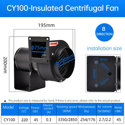 Hot Selling Factory Direct Multi-Wing  Centrifugal Fan CY100 A/B 75mm 220V Heat Insulation Blower Strong Industrial Exhaust
