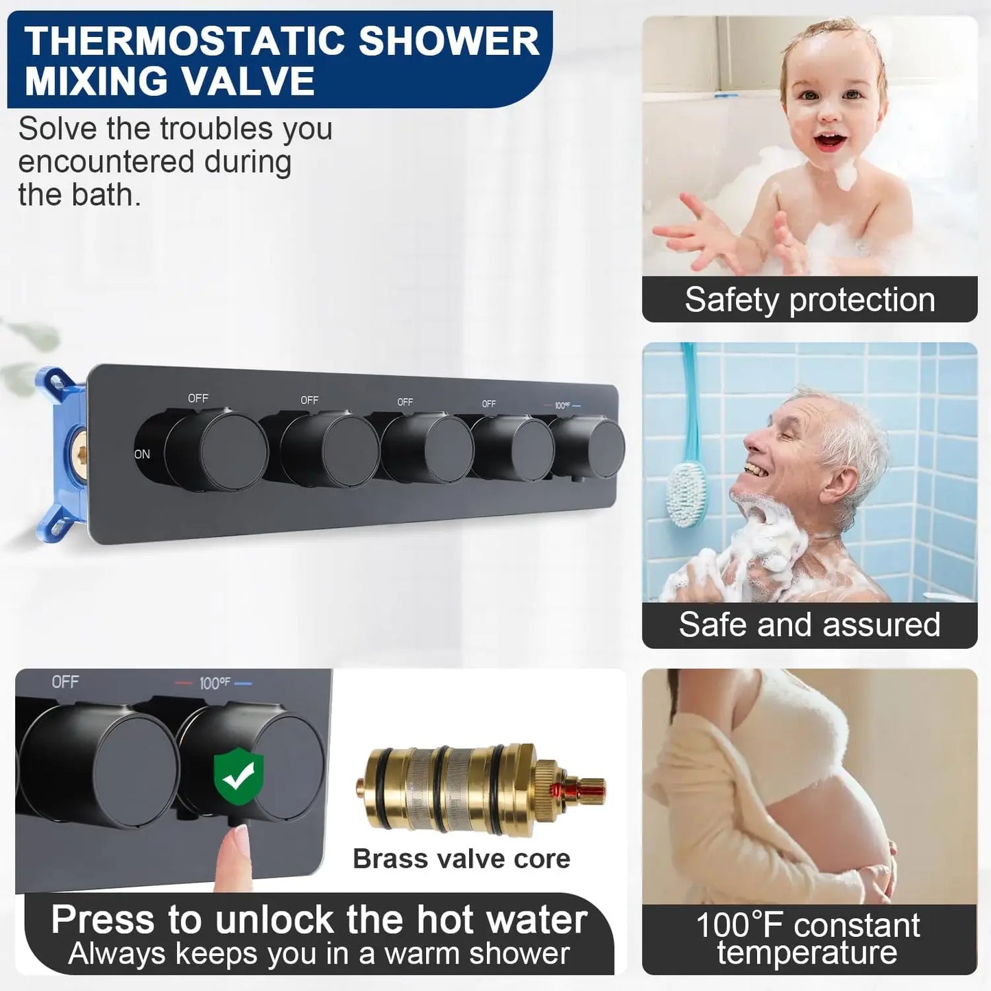 Black Ceiling Rain Brass Shower Combo with Thermostatic Mixing Valve Kit 24.4x12.6 Inch Rain Waterfall Shower Head