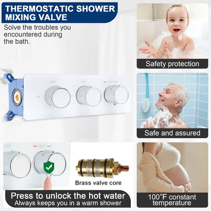 2-Way Shower Diverter Thermostatic Valve 3-Handle Multi-Function Brass Construction Tempered Glass Panel Hotel Polished Modern