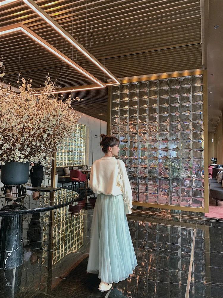 TingYiLi Elegant Tulle Skirt Autumn Winter Big Swing Women Skirt Korean Cute Pink Green Gray Blue Brown Black Long Skirt Tutu