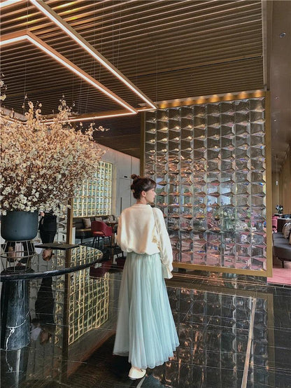 TingYiLi Elegant Tulle Skirt Autumn Winter Big Swing Women Skirt Korean Cute Pink Green Gray Blue Brown Black Long Skirt Tutu