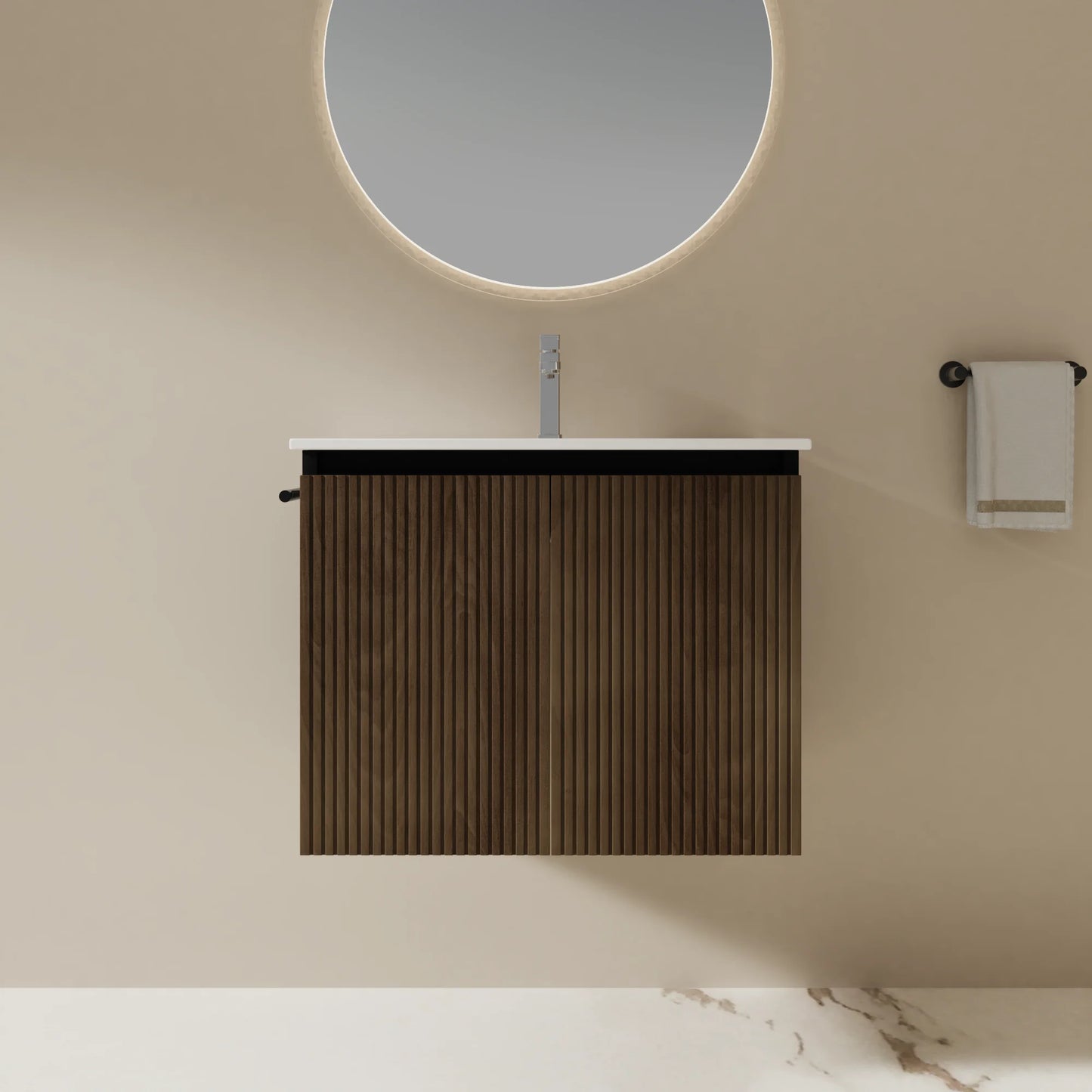 US Warehouse Floating Storage Cabinet Combo W/ Black Towel Rack, Black&Walnut 24" Wall-mount Bathroom Sink Vanity