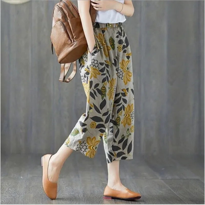 Plus Size Casual Linen Pants 2023 Women's Trousers Vintage Polka Dot Pantalon Female Elastic Waist Printed Turnip Harem Pants